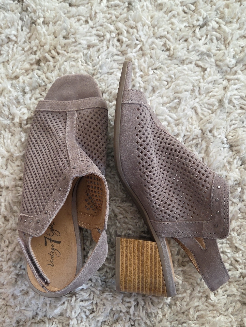 Perforated Taupe Suede Block Heel Slingback Boots - Women's